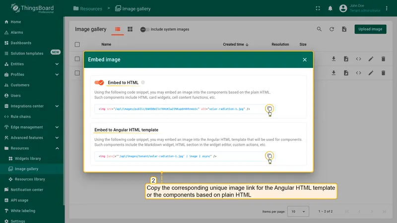 Copying image embed code snippets for HTML and Angular templates