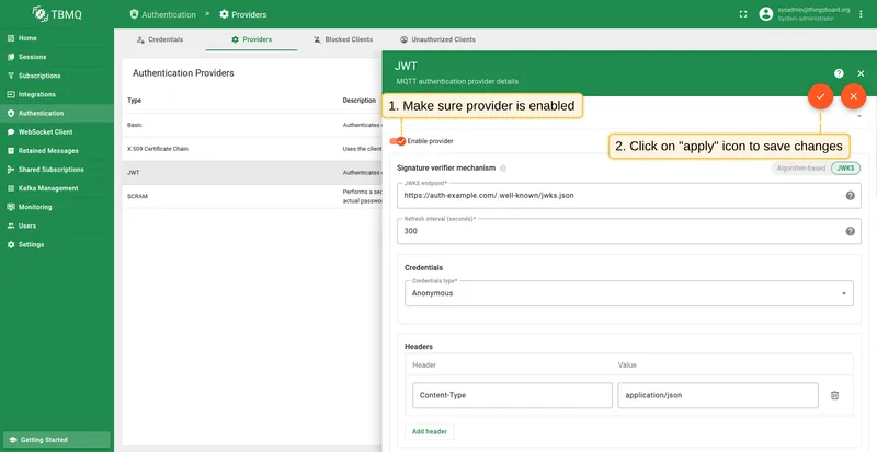 Enable and save the JWT authentication provider