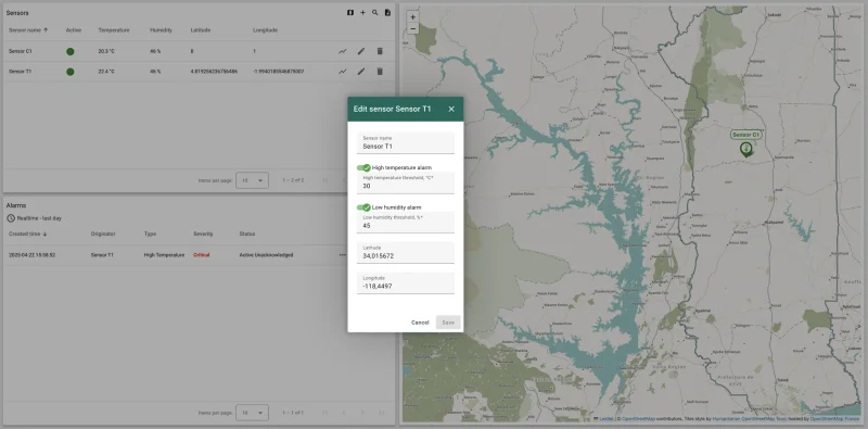 Sensor configuration panel with thresholds and map location in ThingsBoard