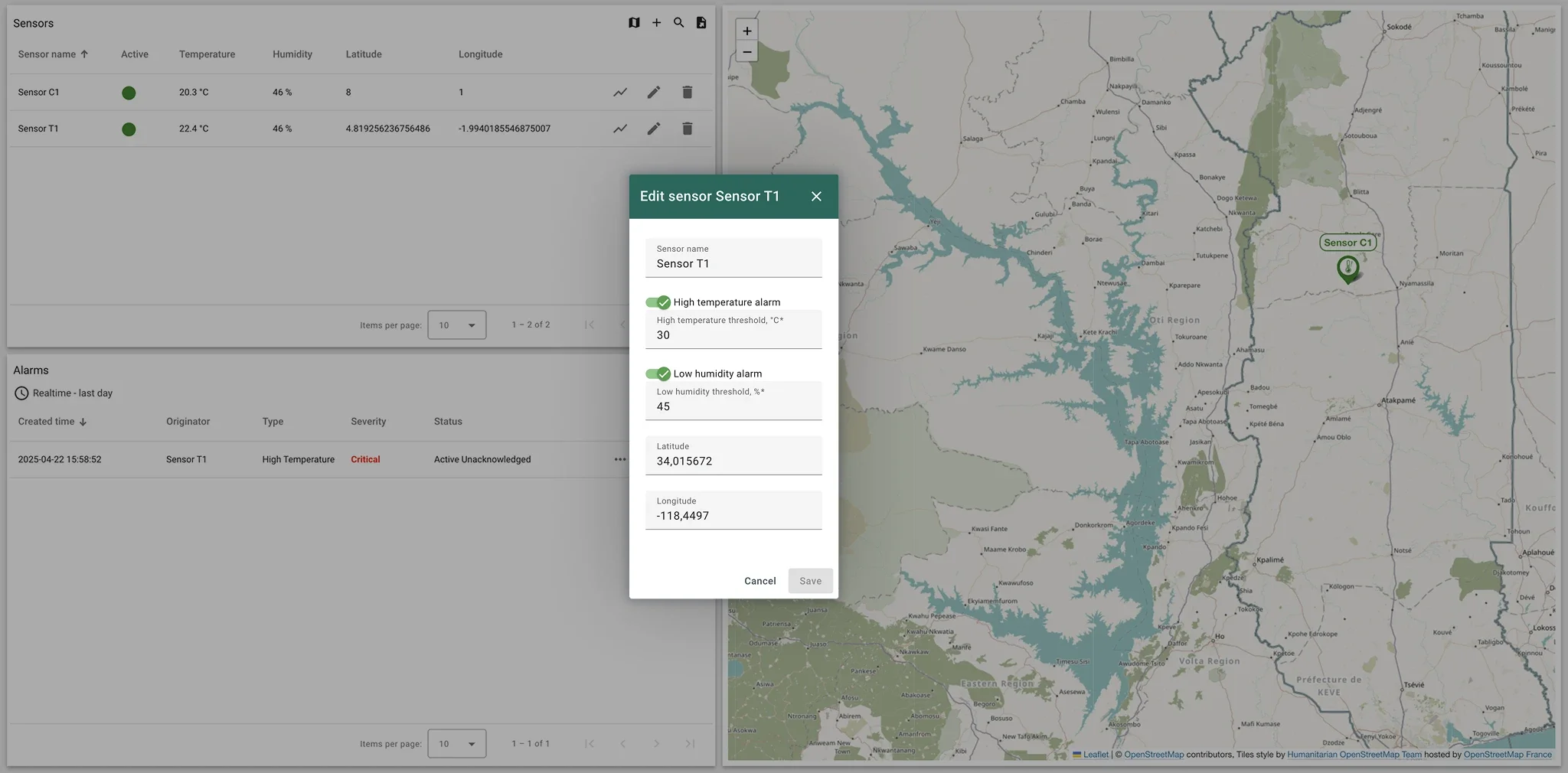 Sensor configuration panel with thresholds and map location in ThingsBoard