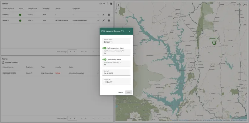 Sensor configuration panel with thresholds and map location in ThingsBoard