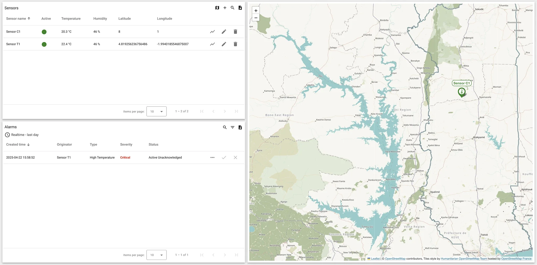 Dashboard with sensor status, critical alarm, and map location of sensors