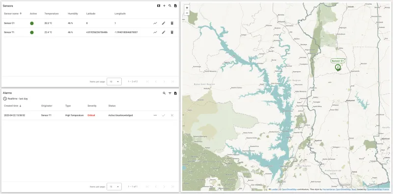 Dashboard with sensor status, critical alarm, and map location of sensors