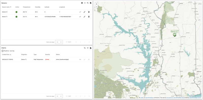 Dashboard with sensor status, critical alarm, and map location of sensors