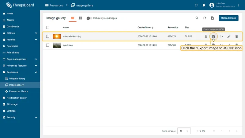 Exporting an image to JSON from the ThingsBoard Image gallery list view
