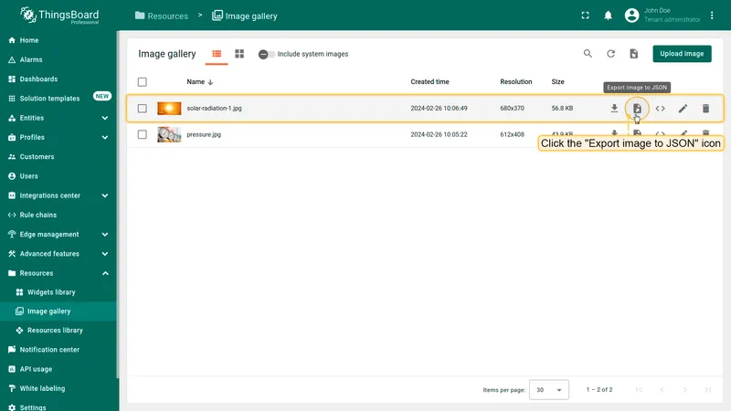 Exporting an image to JSON from the ThingsBoard Image gallery list view