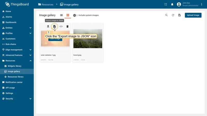 Exporting an image to JSON from the ThingsBoard Image gallery grid view