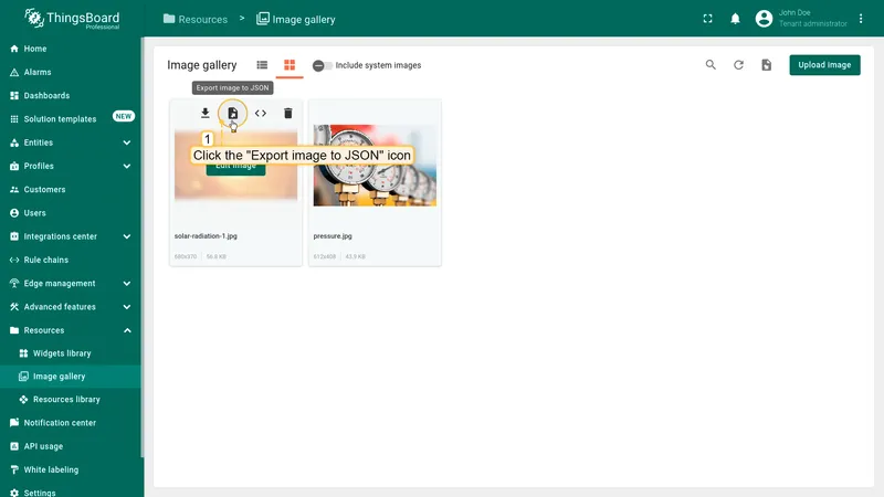 Exporting an image to JSON from the ThingsBoard Image gallery grid view