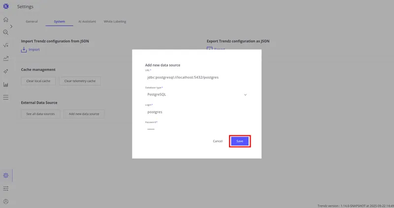 Fill in the database connection form and save