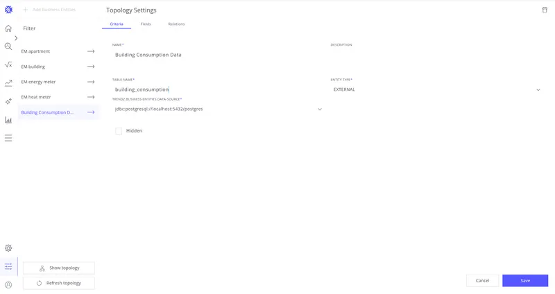 Fill in name, table name, entity type External, and select the datasource