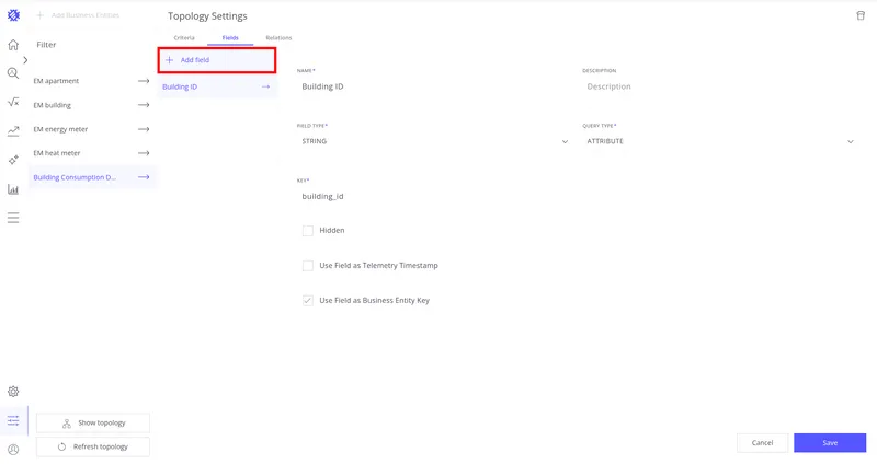Click Add field to add the timestamp field