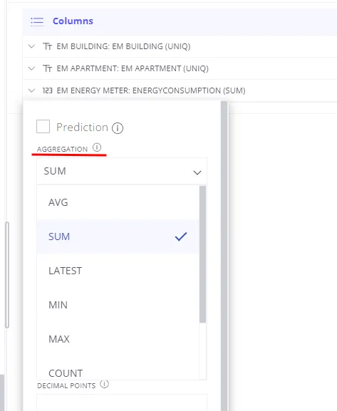 Field configuration panel showing the aggregation type selector