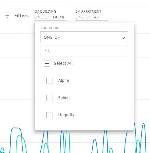 Filter field configuration dialog showing condition selector and value input