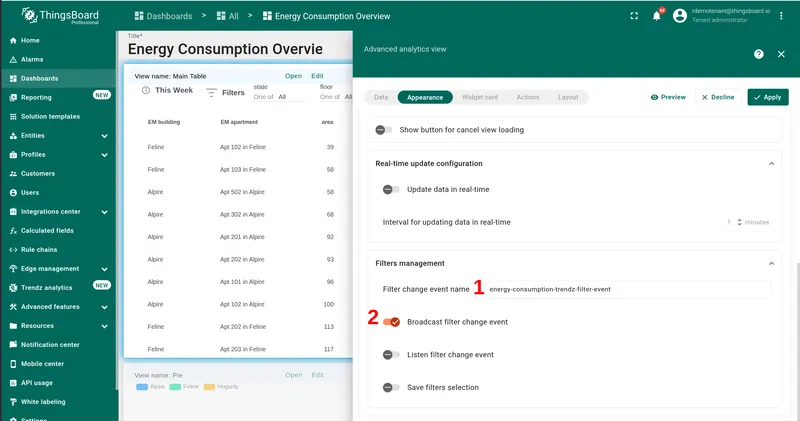 Filters management section — Filter change event name filled and Broadcast filter change event enabled