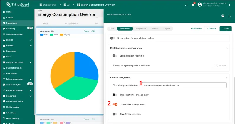 Filters management section — same event name entered and Listen filter change event enabled