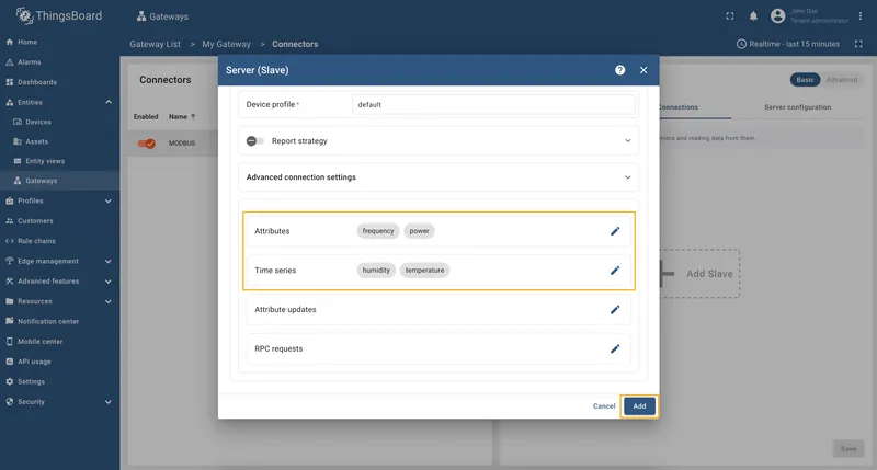 Final connector configuration, click Add button