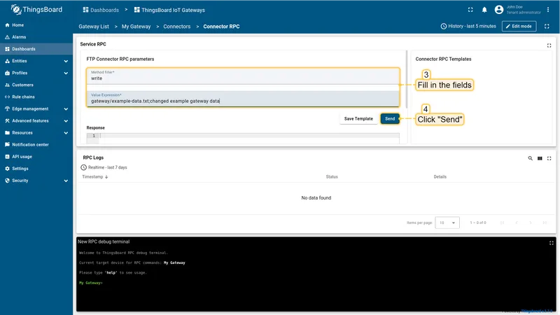RPC terminal with write request parameters filled in