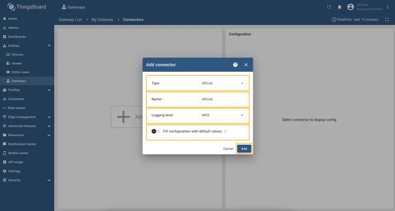 Choose OPCUA connector type and configure