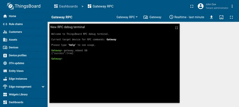 RPC debug terminal showing gateway_reboot scheduled response