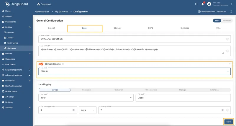 Enable remote logging and set log level to DEBUG