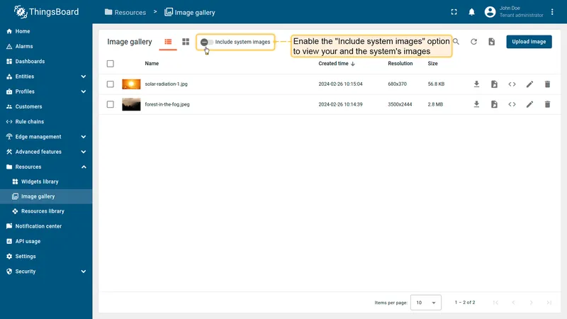 Default view — tenant images only