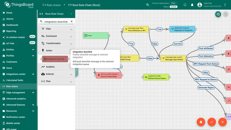 Root Rule Chain node panel with integration downlink search result highlighted under Action category