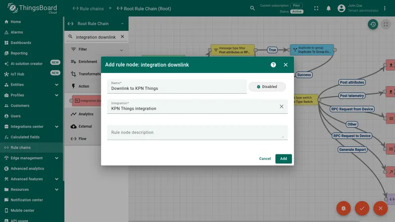 Add rule node integration downlink dialog with name Downlink to KPN Things and KPN Things integration selected