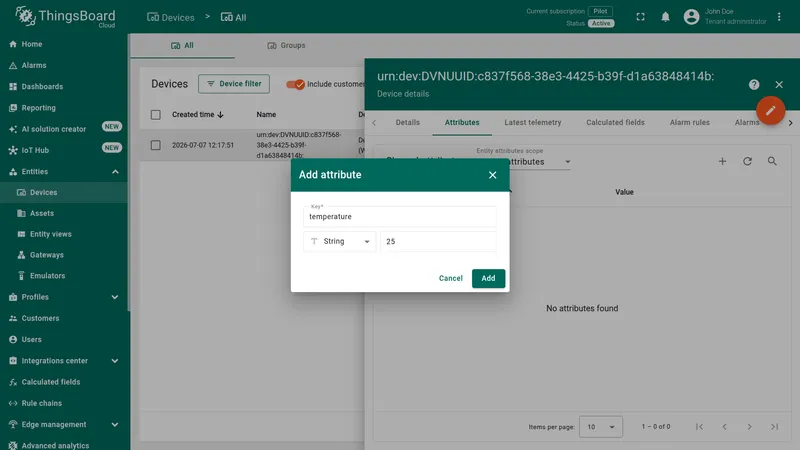 ThingsBoard device Shared attributes dialog with temperature attribute set to 25