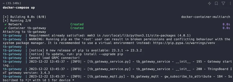 Gateway Docker logs in terminal