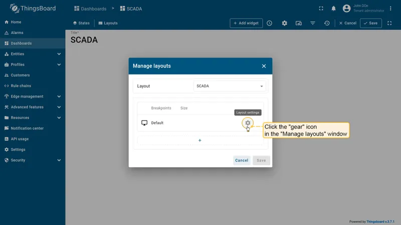 Gear icon in Manage layouts dialog