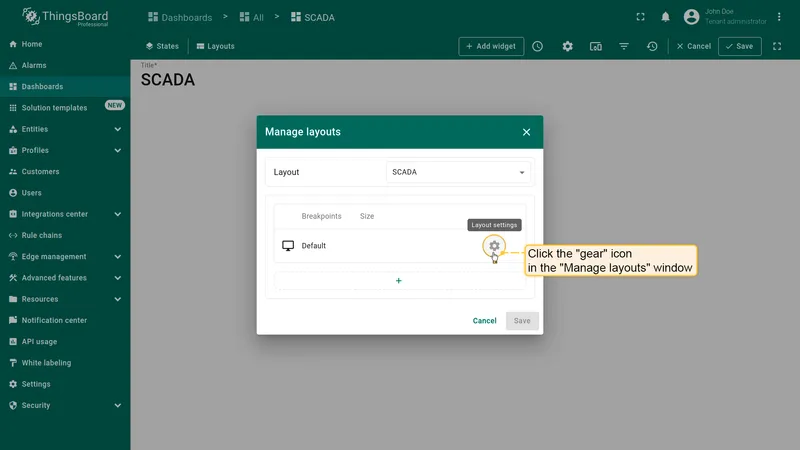 Gear icon in Manage layouts dialog