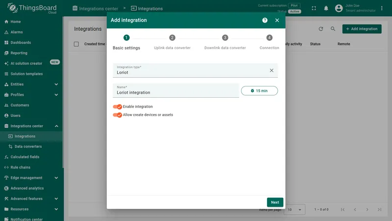 Add Loriot integration wizard — Basic settings step