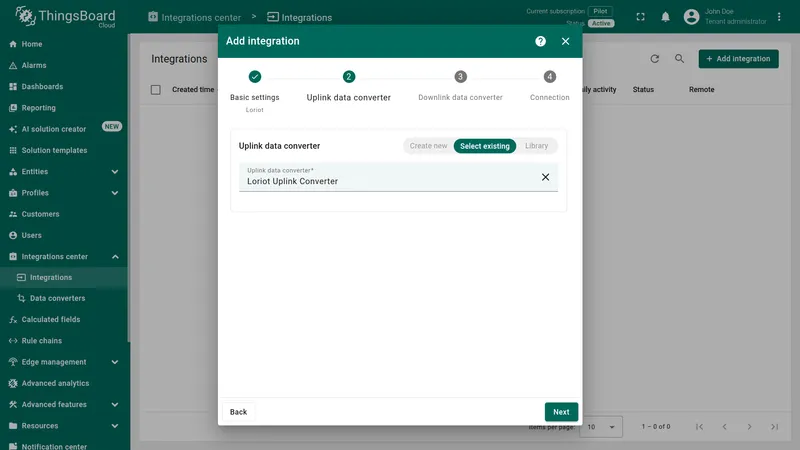 Add Loriot integration wizard — Uplink data converter step