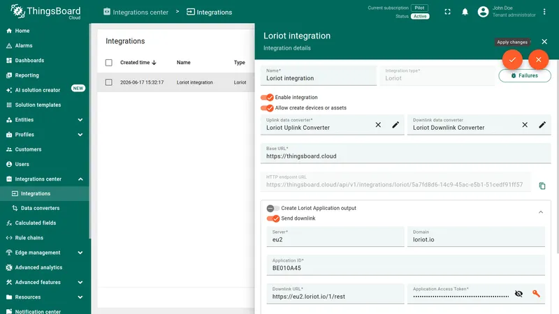 Loriot integration edit mode — Loriot Downlink Converter now assigned in the Downlink data converter field, Apply changes button visible
