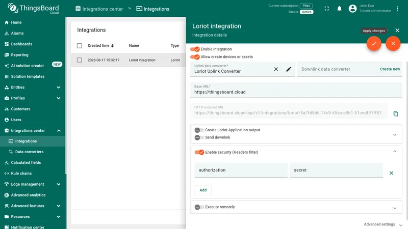 Loriot integration details panel — Enable security enabled, authorization/secret header added, Apply changes button visible