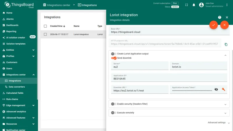 Loriot integration details panel — Send downlink enabled, Server eu2, Domain loriot.io, Application ID BE010A45, Downlink URL and Application Access Token filled in