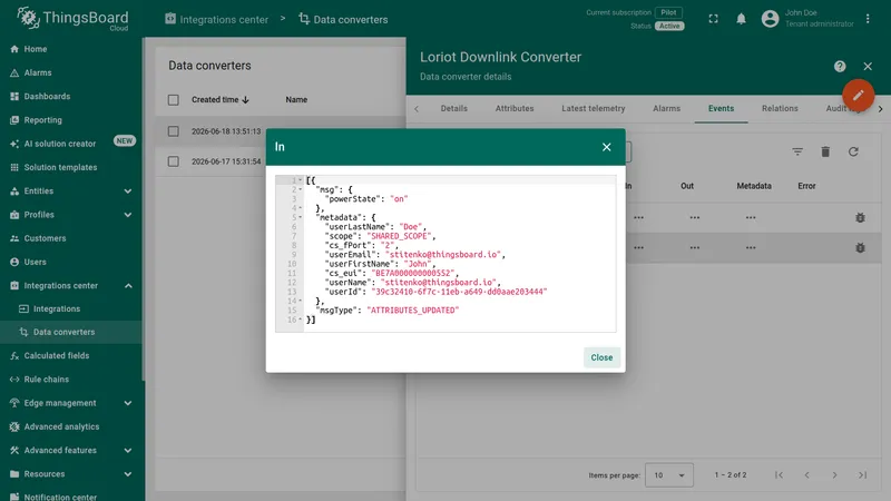 Loriot Downlink Converter In dialog — incoming ATTRIBUTES_UPDATED message with msg powerState on and metadata including cs_eui and cs_fPort
