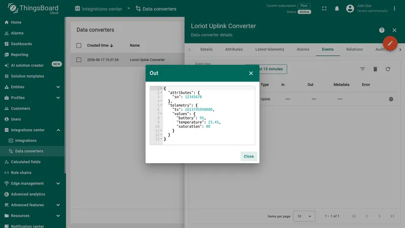 Converter event Out panel showing decoded telemetry and attributes