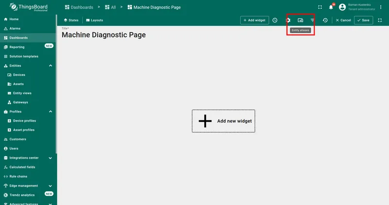 Dashboard edit mode with Entity aliases button highlighted in the toolbar