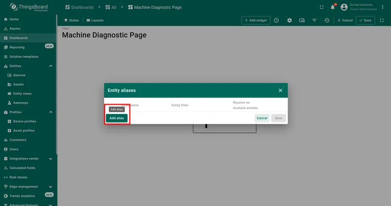 Empty Entity aliases dialog with Add alias button highlighted