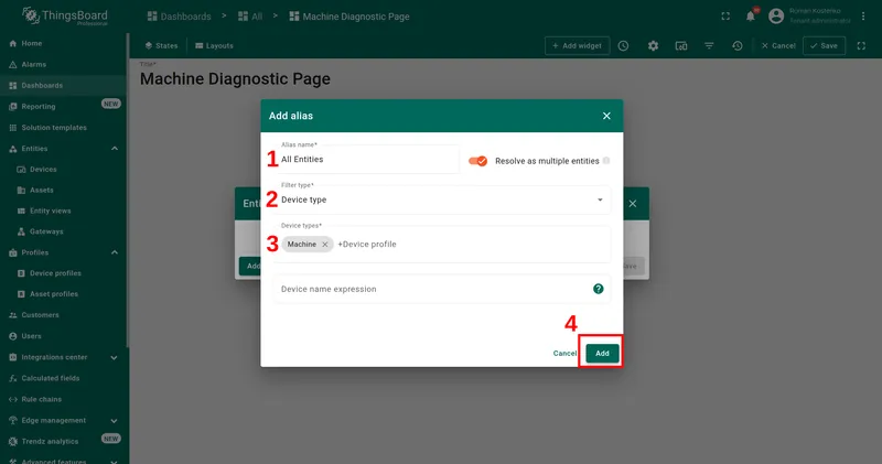 Add alias dialog — All Entities, Filter type: Device type, Device type: Machine