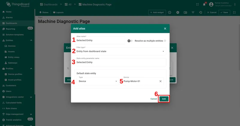 Add alias dialog — Selected Entity, Entity from dashboard state, parameter name: Selected Entity