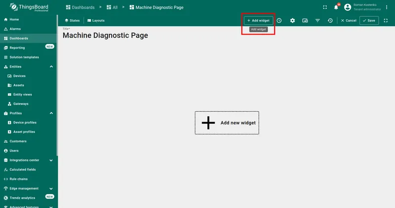 Dashboard toolbar with Add widget button highlighted