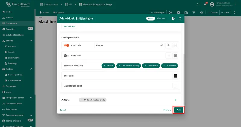 Widget configuration with action configured and Add button highlighted