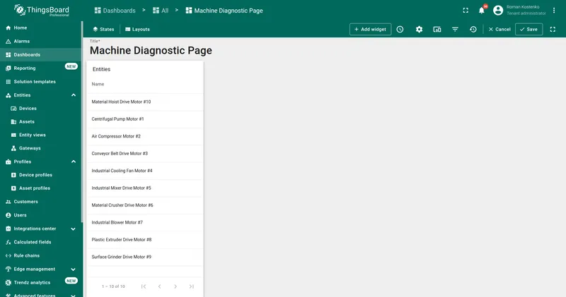 Entities table widget on the dashboard listing all machines