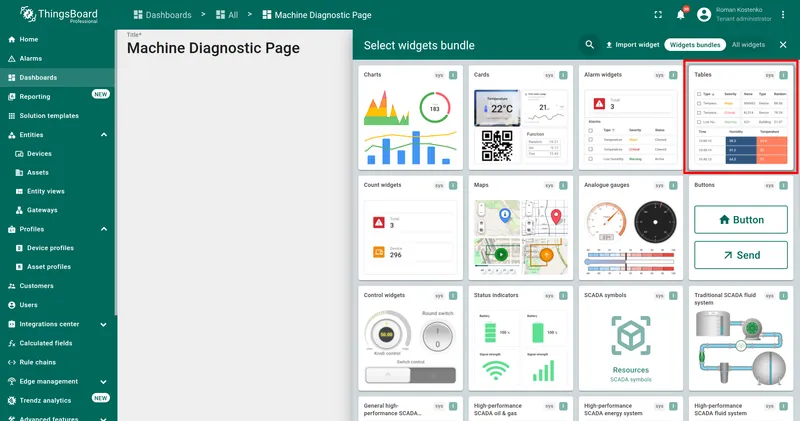 Widget bundles panel with Tables bundle highlighted