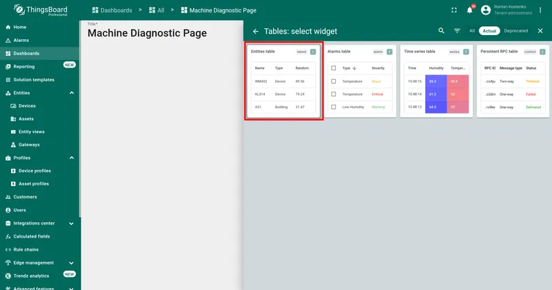 Tables bundle with Entities table highlighted