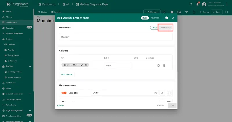 Add widget dialog with Entity alias tab highlighted