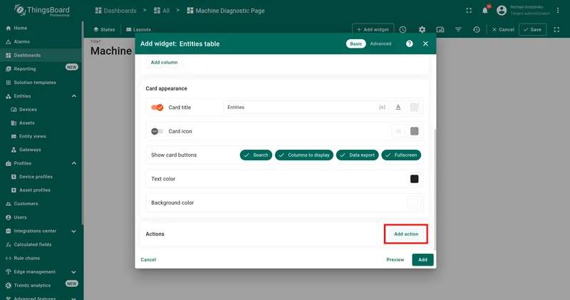 Widget configuration Actions section with Add action button highlighted