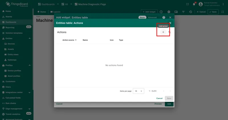 Empty Actions panel with + button highlighted